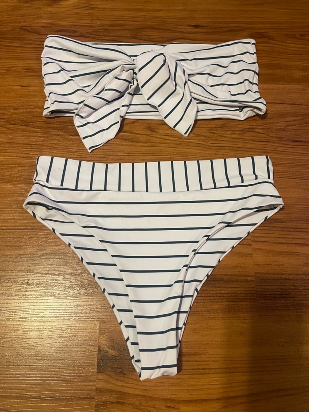 Striped White & Navy Bandeau Bikini Set